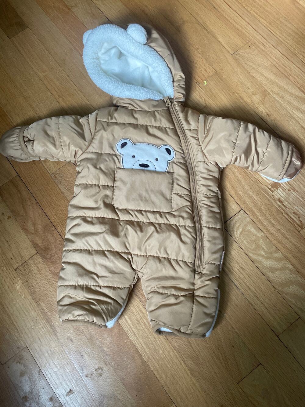 0-3m baby snow suit bear brown feet and hand pockets